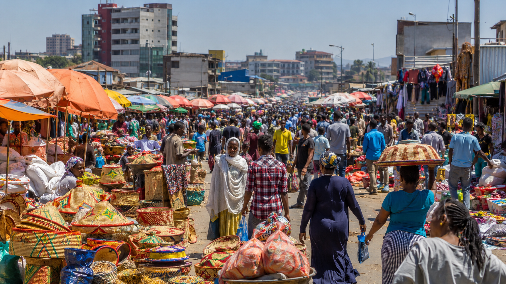 Mercato open-air market in Addis Ababa, Ethiopia — one of Africa's largest trading hubs.